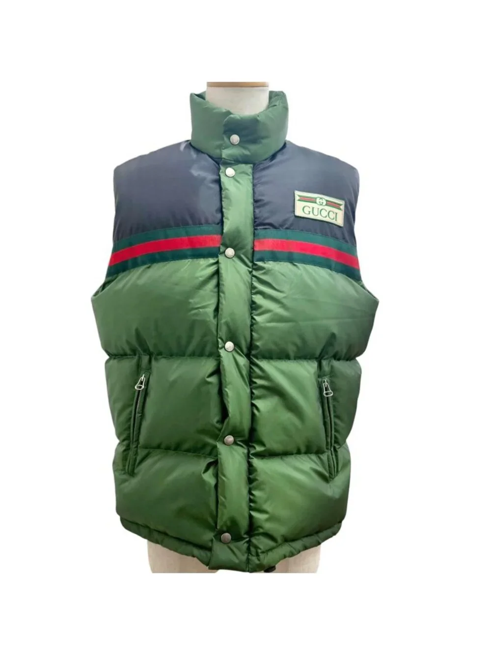 Gucci Web Stripe Logo Patch Zipup Down Vest Gilet Green Black 44